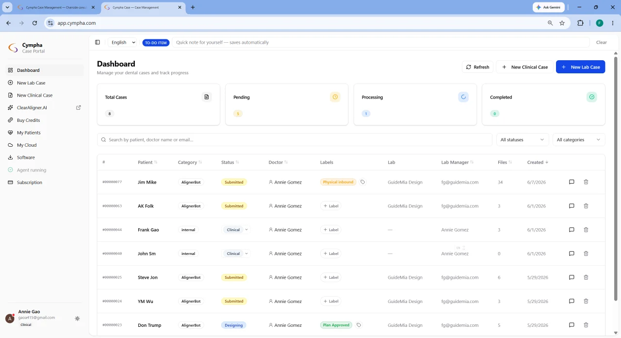 La dashboard di Cympha Case con l'elenco dei casi e il relativo stato, dottore, laboratorio e numero di file