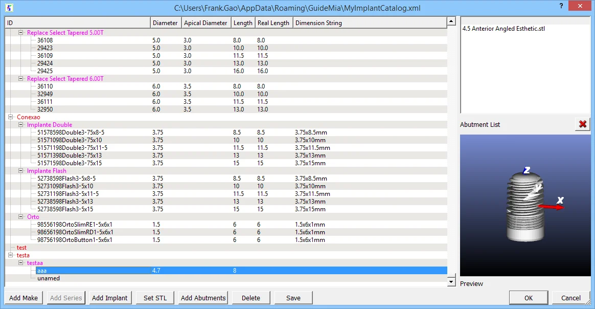 The implant library management dialog