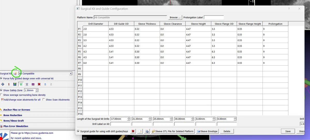 The Surgical Kit and Guide Configuration dialog