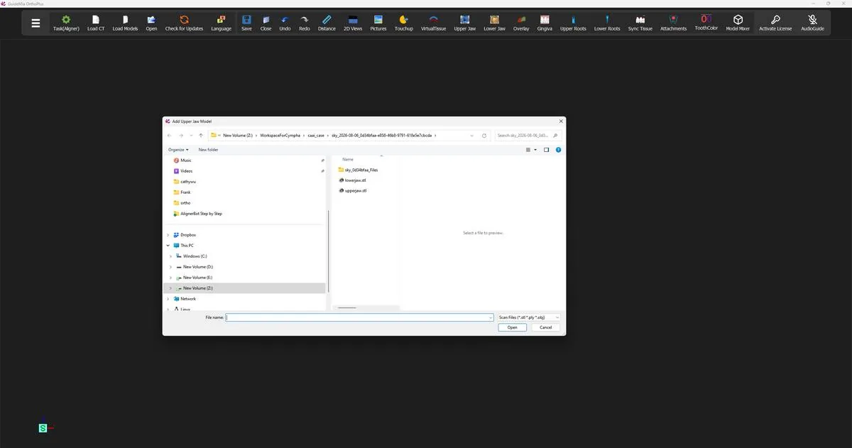 The file selection dialog, with the upper jaw scan chosen first.
